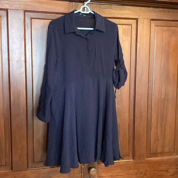 Emery Rose Knee Length Blue Button Collared Fit & Flare Roll Tab Sleeve Dress L - Picture 1 of 11